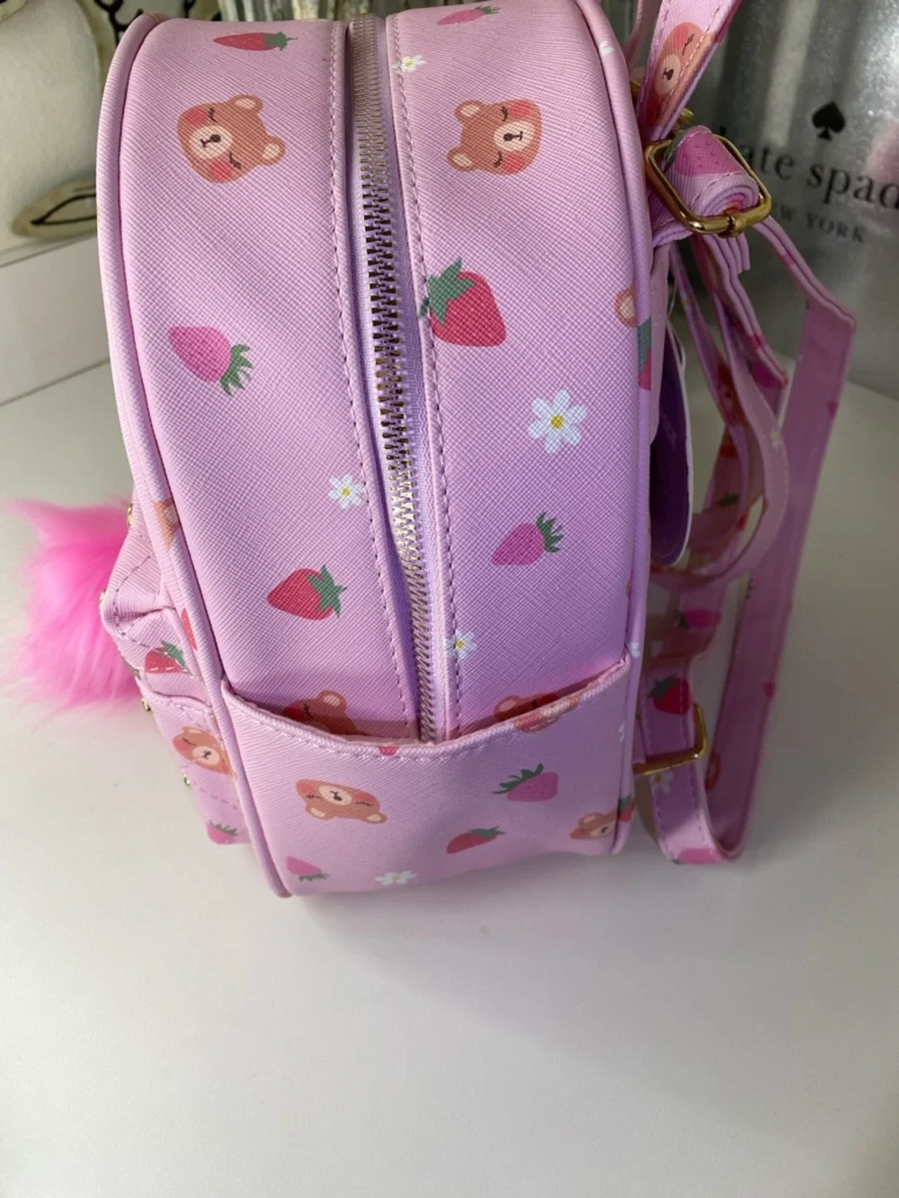 Under One Sky Pink Bear & Strawberry Mini Backpack with Pink Pom Charm EUC